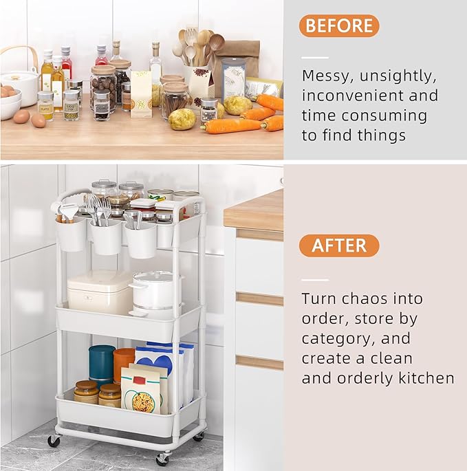 JIUYOTREE 3-Tier Plastic Rolling Storage Cart Utility Cart - Image 7