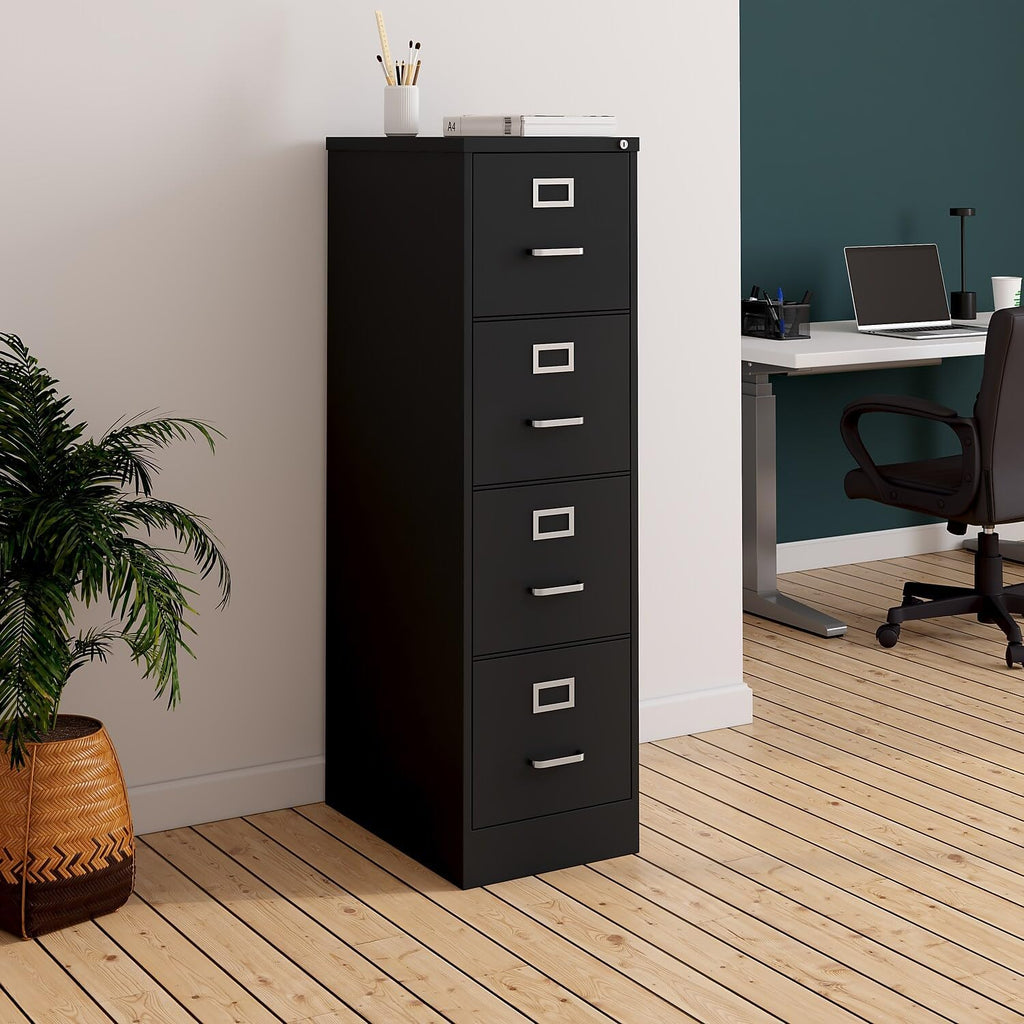 staples 4-drawer vertical file cabinet, letter, lockable, black on a desk or shelf