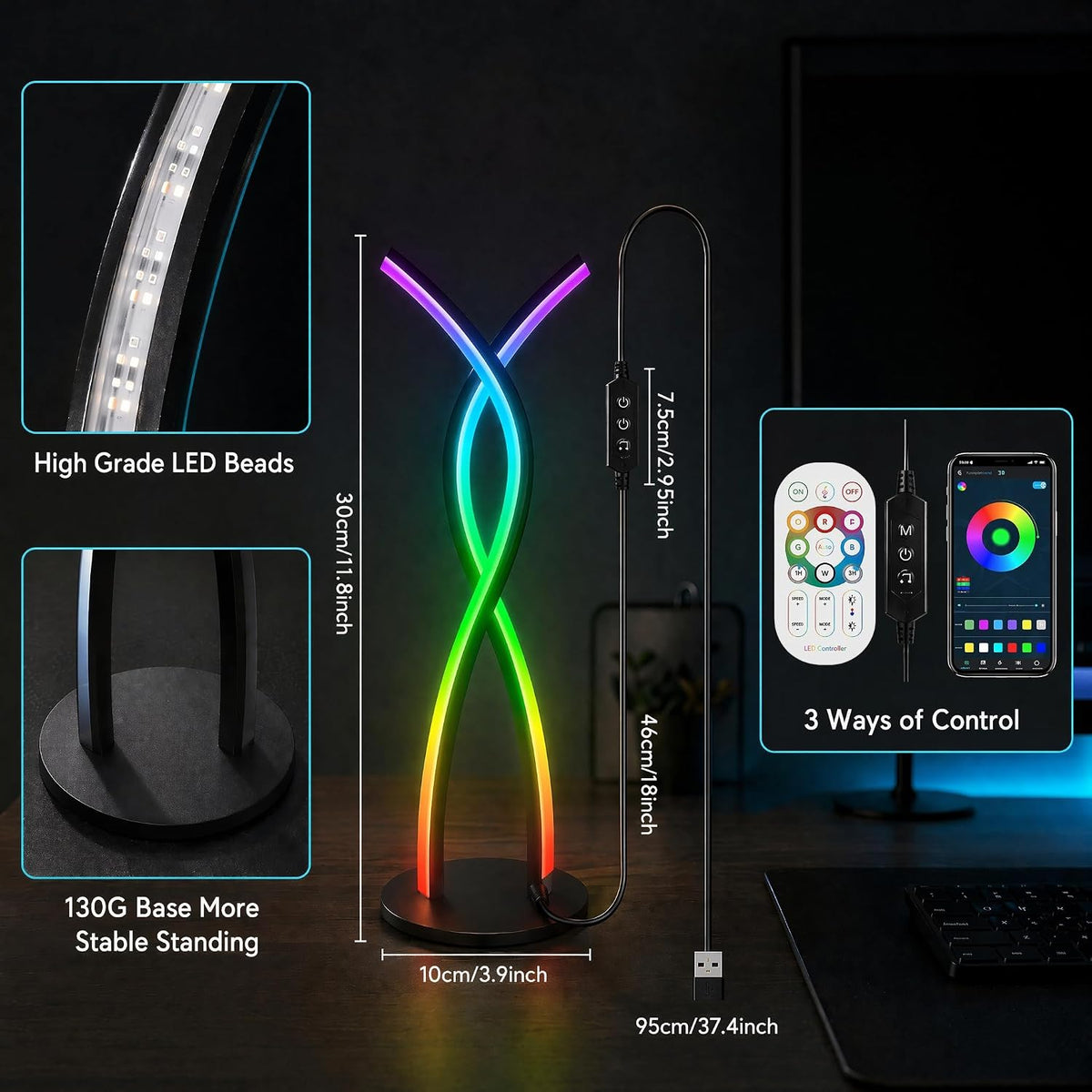 Modern Spiral LED Desk Lamp, Smart RGB Table Lamp with Music Sync & APP C...