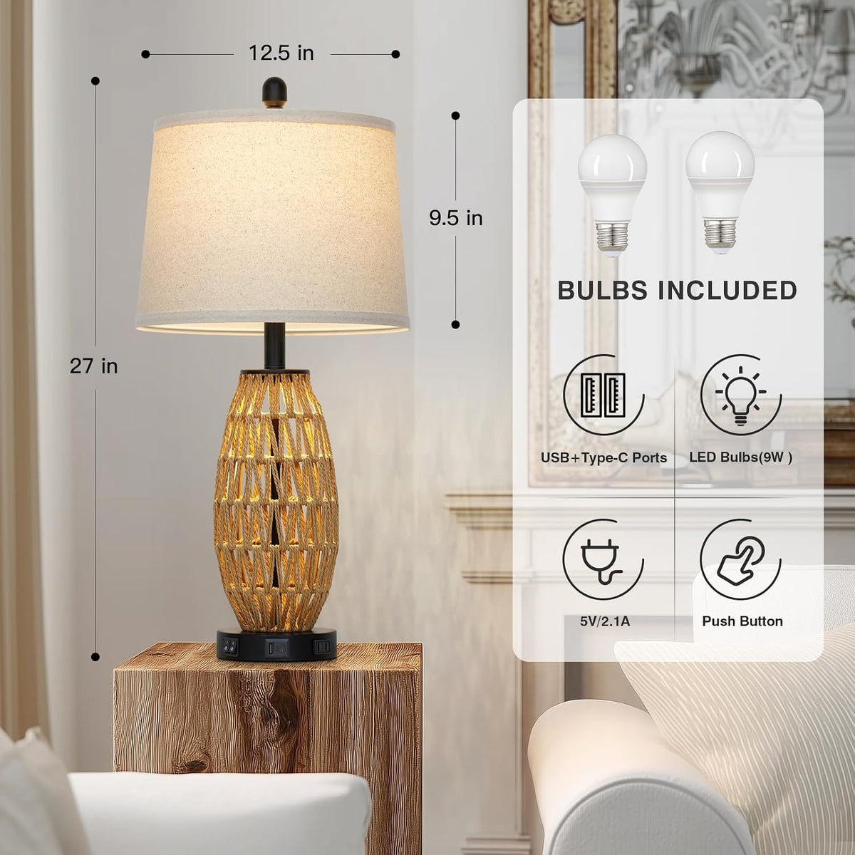 27" Boho Rattan Table Lamp Single, Wicker Bedroom Lamp with Night Light,...