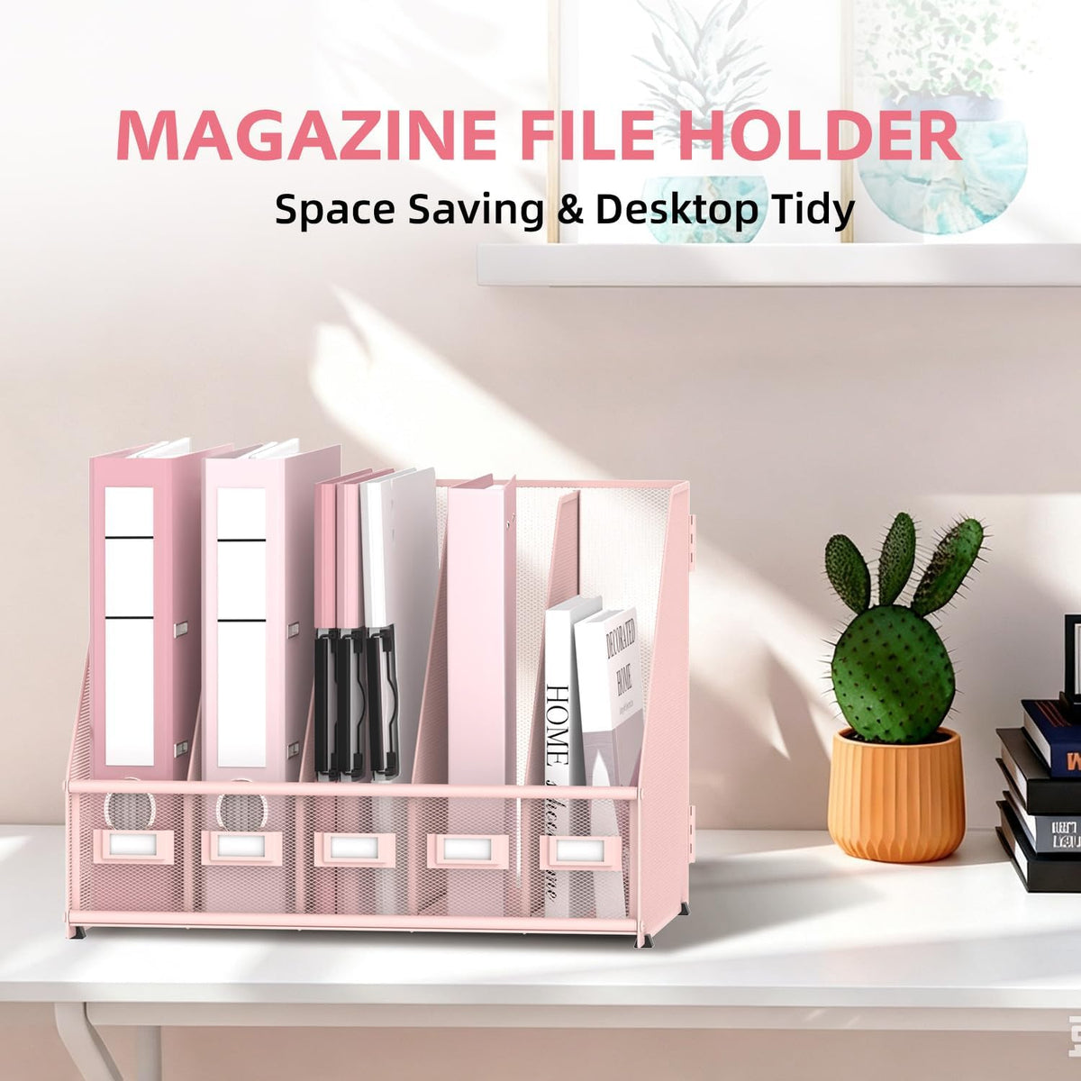 5 Vertical Compartments Magazine File Holder, Metal Binder Organizer, Pink