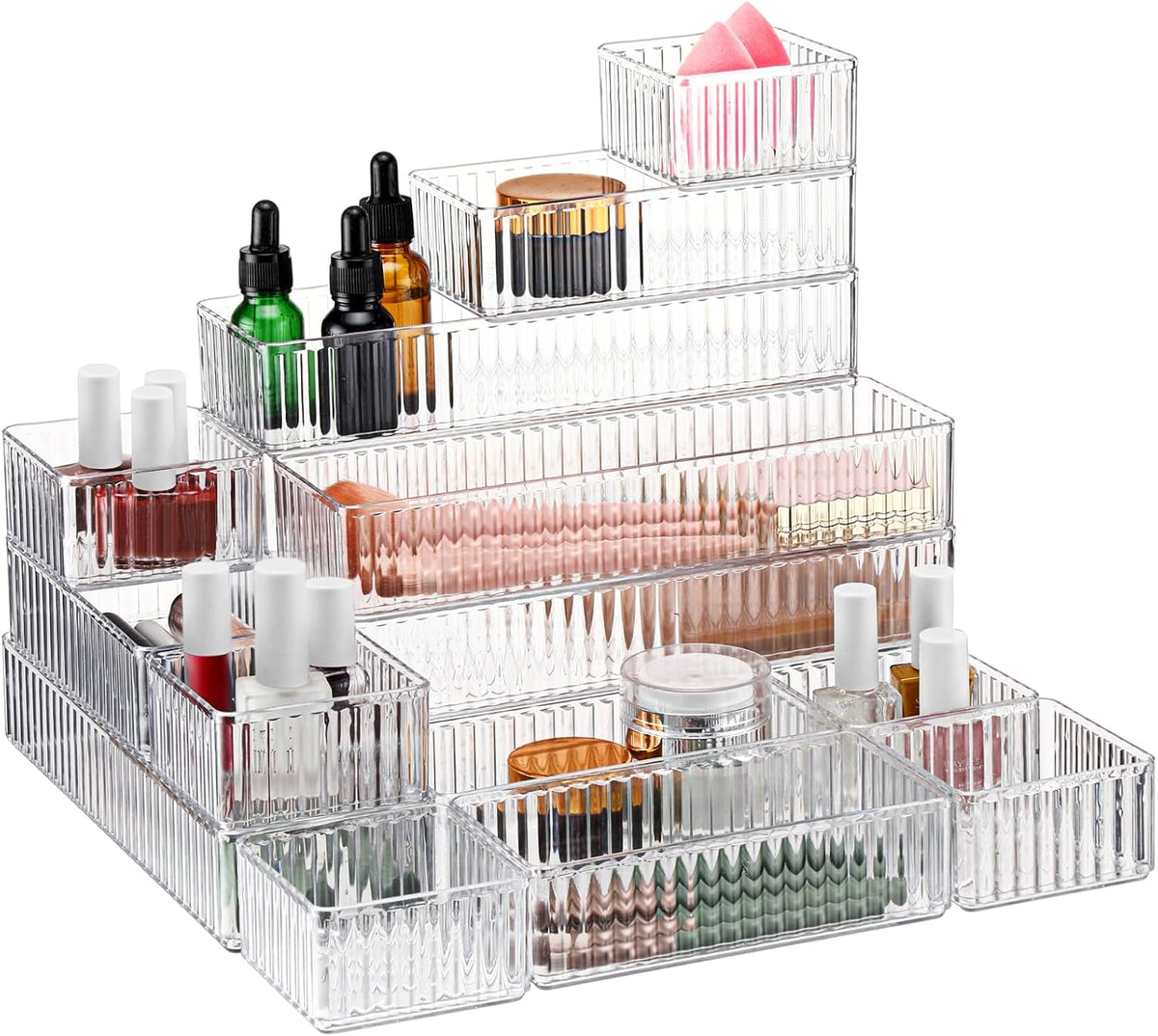 Teenyyou 18 Pcs Stackable Acrylic Drawer Organizer, 4 Size, Clear, Stripes