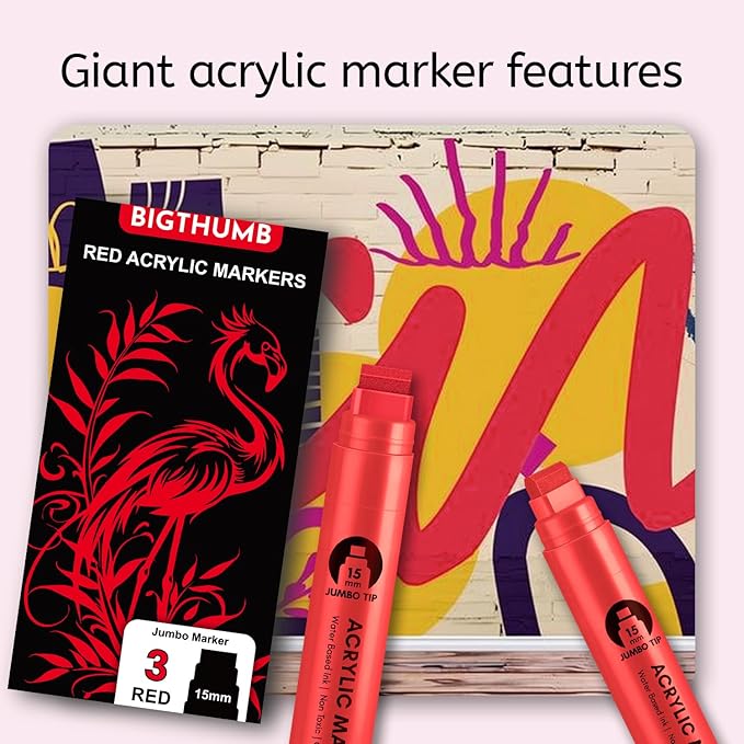 BIGTHUMB 3 Pcs Red Jumbo Permanent Markers: 15mm Wide Tip Thick Acrylic Paint - Image 6