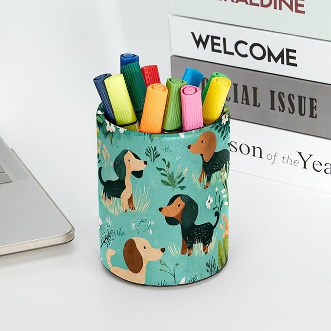 Leather Pen Holder for Desk, Cartoon Sausage Dog Pencil Cup Desktop Organizer - Image 5