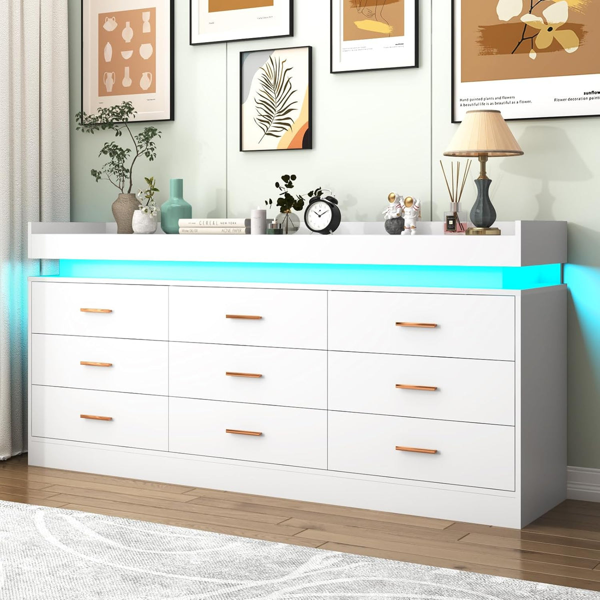 Hlivelood 9 Drawer Dresser with LED Light and Charging Station, Modern Chest ...