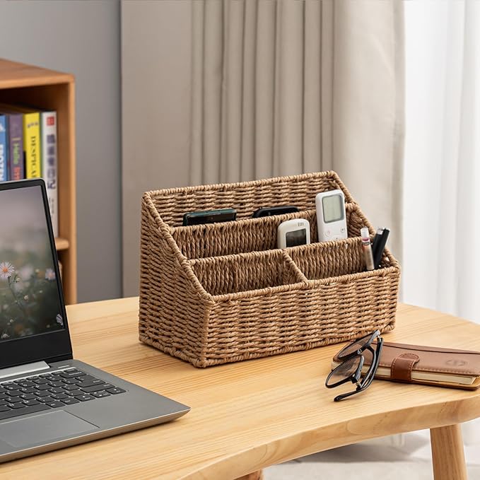 Woven Divided Storage Basket Desk Organizer Tabletop Mail Holder Countertop - Image 6