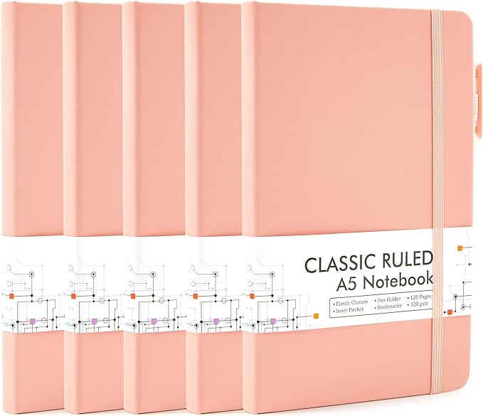 feela 5 Pack Notebooks Journals Bulk, Hardcover Classic Ruled Lined Journals by feela