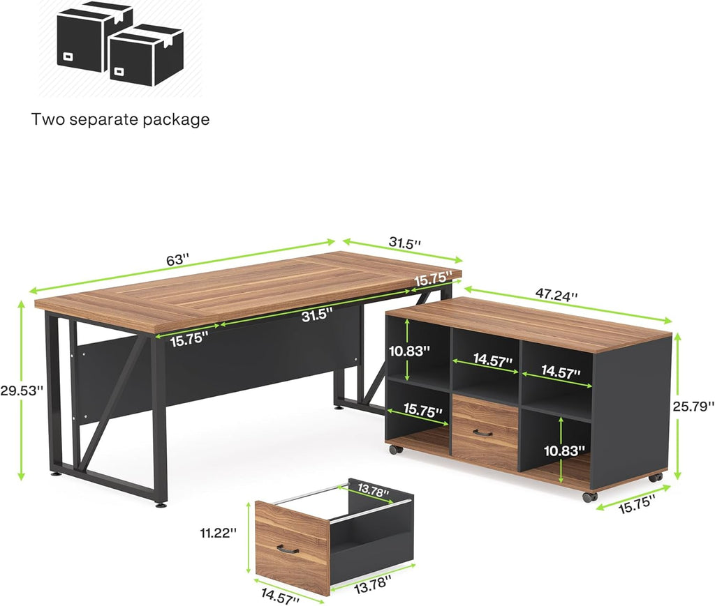 Tribesigns 63 inches Executive Desk and 47" lateral File Cabinet, L-Shaped Computer Desk Home Office Business Furniture with Drawers and Storage Shelves, Office Table,Brown and Black