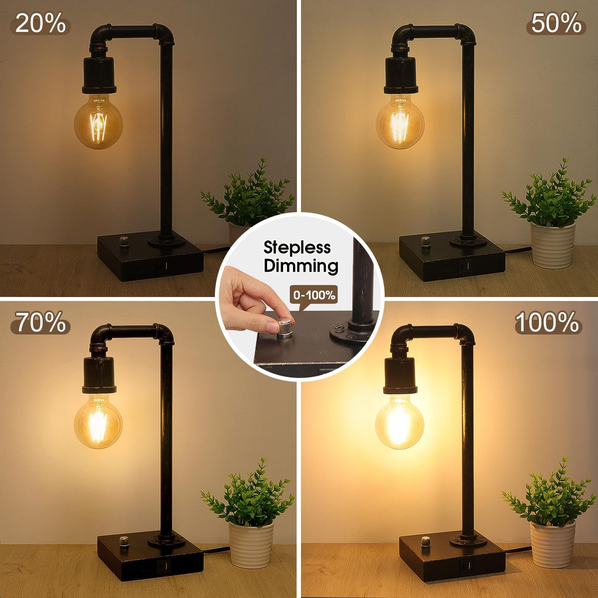Industrial Table Lamp, Vintage Bedside Lamp with USB C and USB A Charging Por...