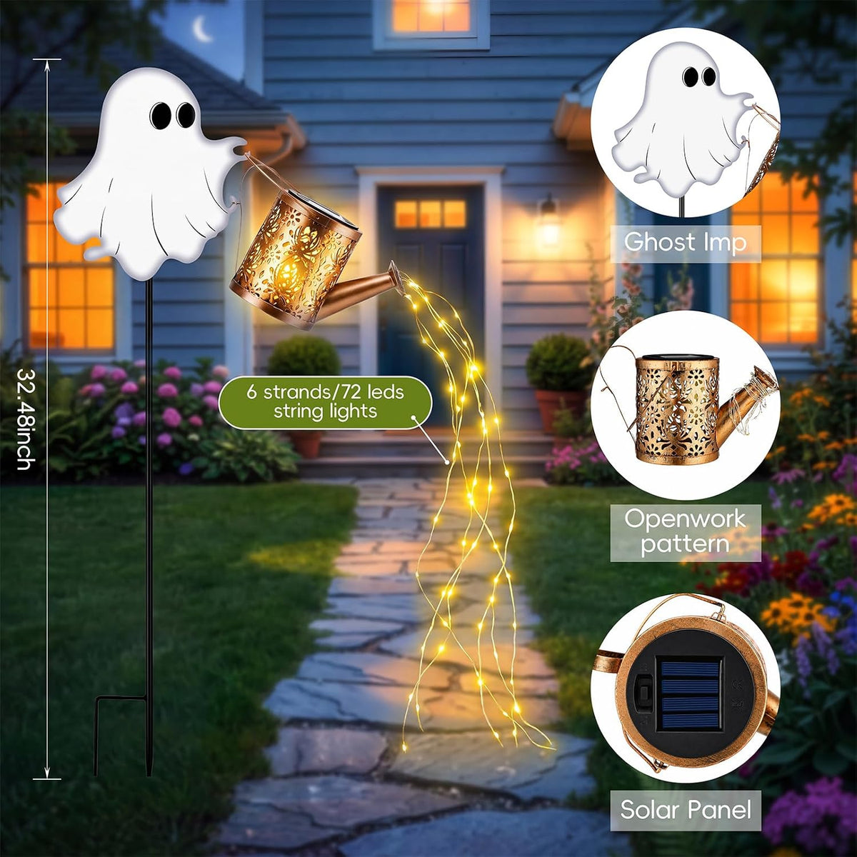 2pcs Halloween Ghost Solar Lights Outdoor Kettle Light Decor, Warm Light