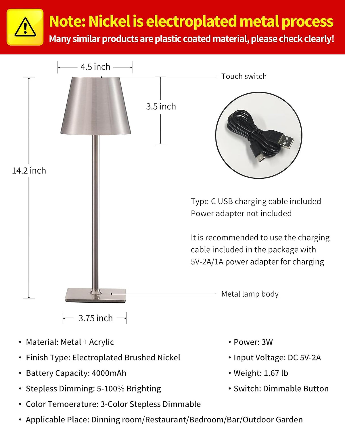 KDG 2 Pack Cordless Brushed Nickel Table Lamps, Portable LED Desk Lamp