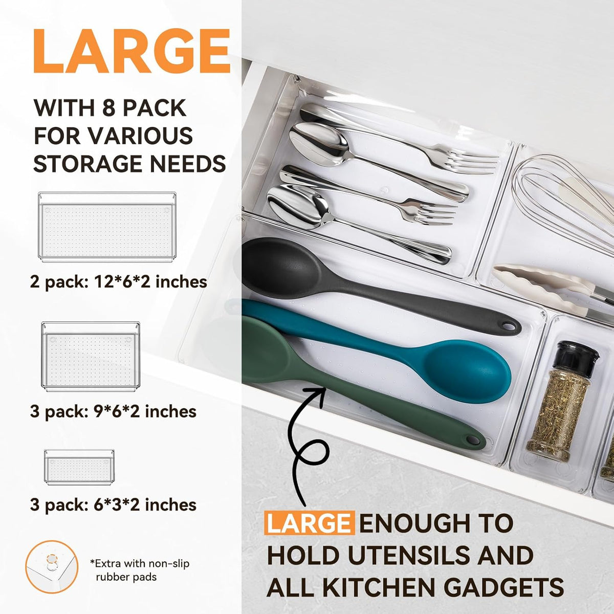 Criusia 8 Pack Drawer Organizer for Kitchen Gadgets, Large Clear Plastic Draw...