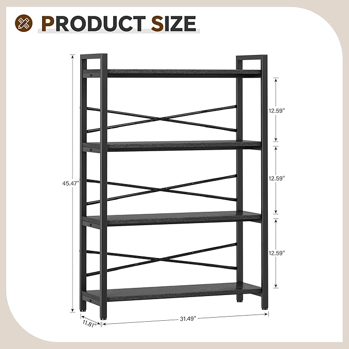 4 Tier Bookshelf 31.49" Width, Tall Book Shelf Storage and Organization - Image 3