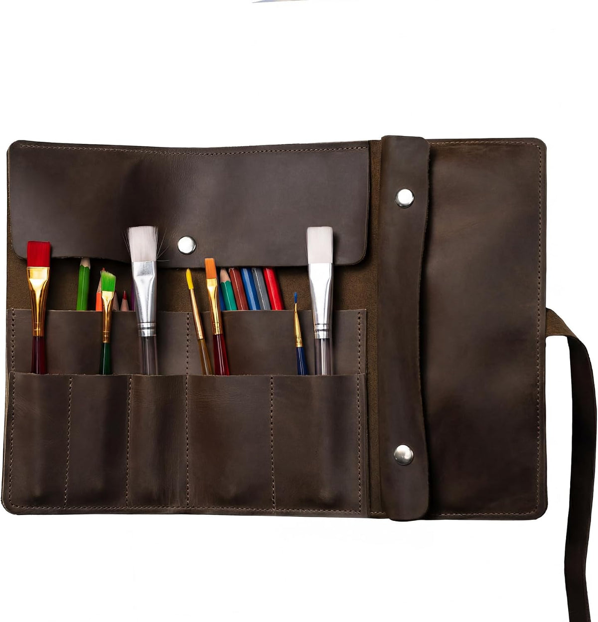 handmade artist pencil case, leather artist roll, pencil, main product view