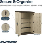 suncast outdoor storage shed, water resistant resin vertical, side view
