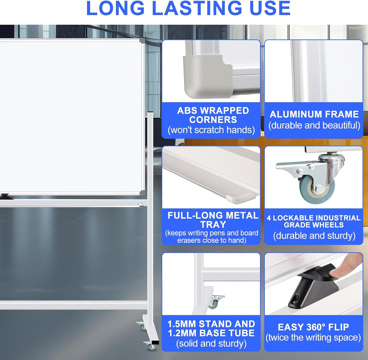 72"x40" Double-Sided Mobile Magnetic Whiteboard on Wheels | Large R...