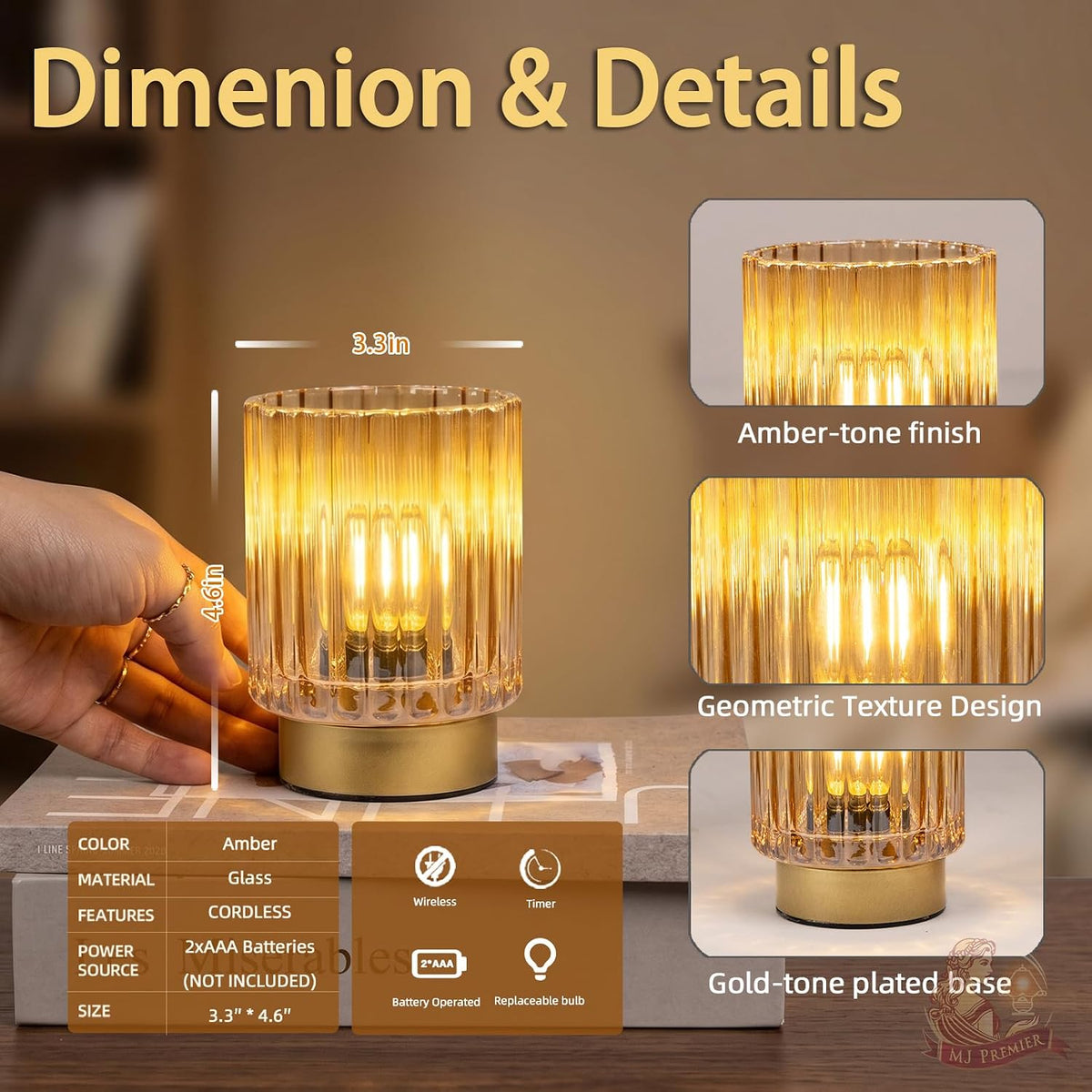 Battery Operated Lamp Timer, Cordless Table Lamp for Shelf Decor, Stripe