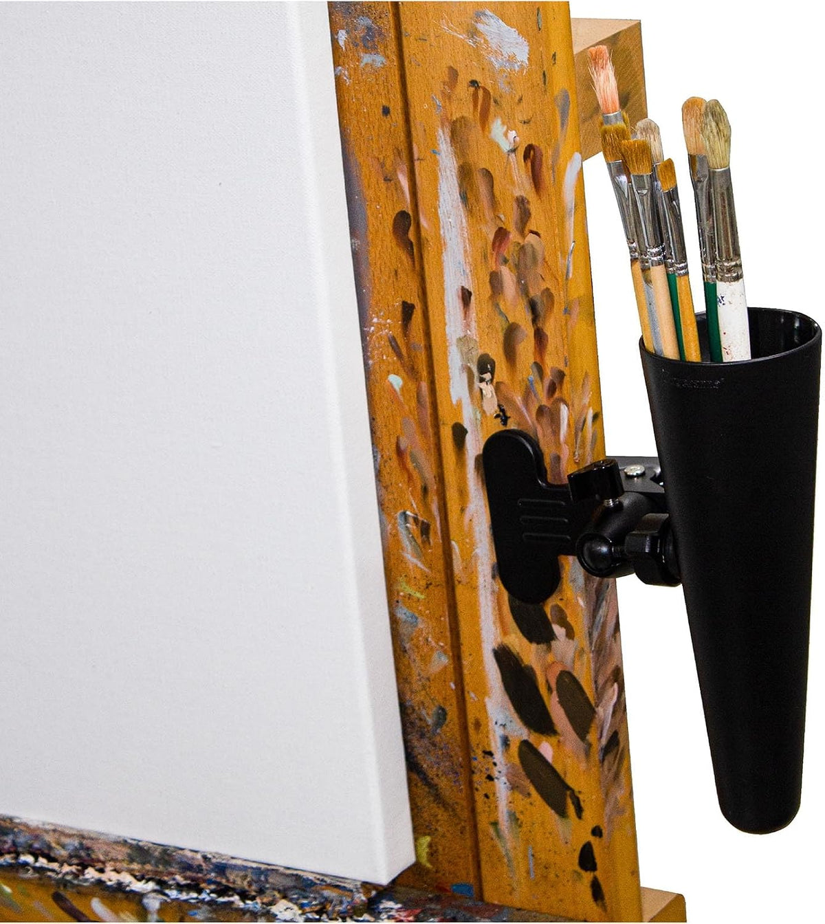clip-on paint brush holder, 360-degree adjustable artist caddy showing dimensions