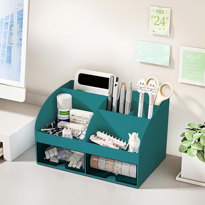 Desk Organizer with 6 Compartments and 2 Drawers, Plastic Makeup Organizer - Image 2