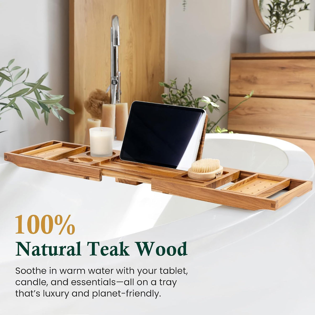 Teak Bathtub Tray Caddy, Natural Unfinished Wood Bath Organizer