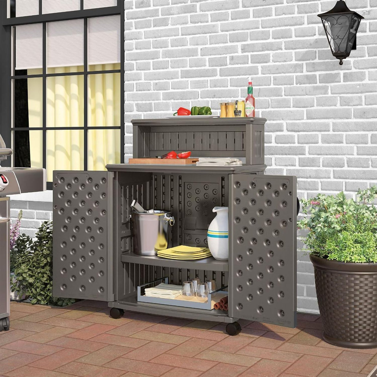 Suncast Patio Plastic Storage and Prep Station with Decorative Wicker Pattern...