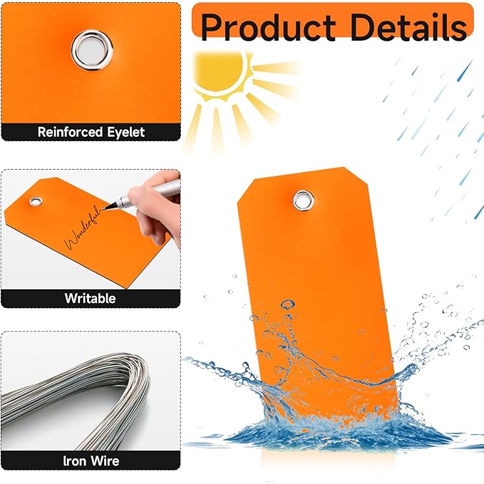 100 Pcs Marking Tags with String Rectangle Plastic Hang Tags Waterproof Orange - Image 3
