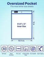 SUNEE 30 Packs Oversized Reusable Dry Erase Pocket Sleeves with 2 Rings, 10 Assorted Colors 10x14 Ticket Holders, Clear Plastic Sheet Protectors, Teacher School Classroom Supplies