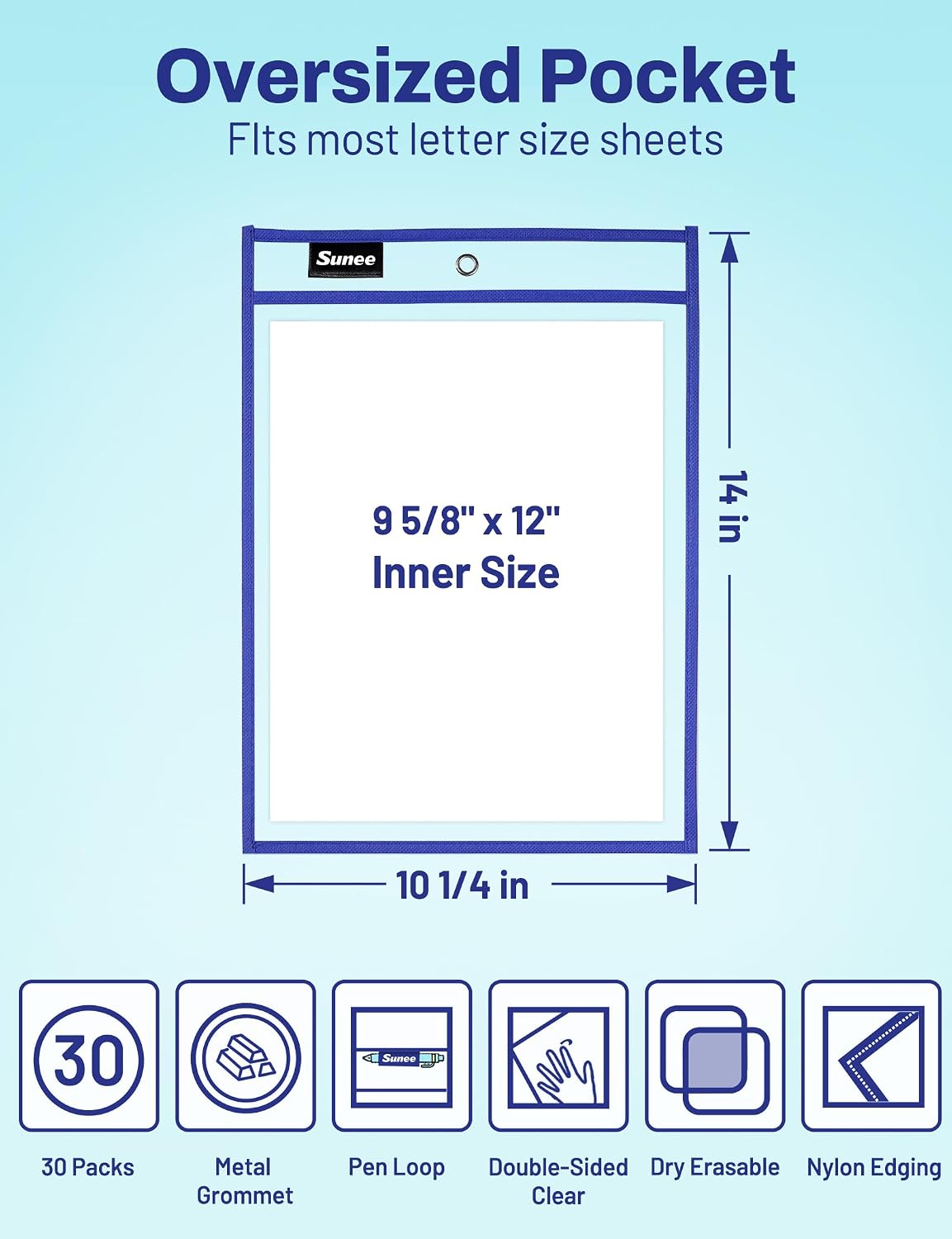 SUNEE 30 Packs Oversized Reusable Dry Erase Pocket Sleeves with 2 Rings, 10 Assorted Colors 10x14 Ticket Holders, Clear Plastic Sheet Protectors, Teacher School Classroom Supplies