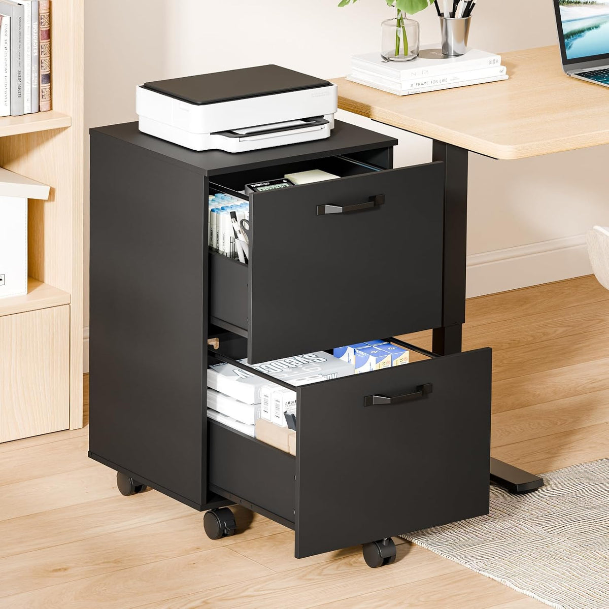 DUMOS 2 Drawer File Cabinet, Rolling Wood Storage Cabinet, Black