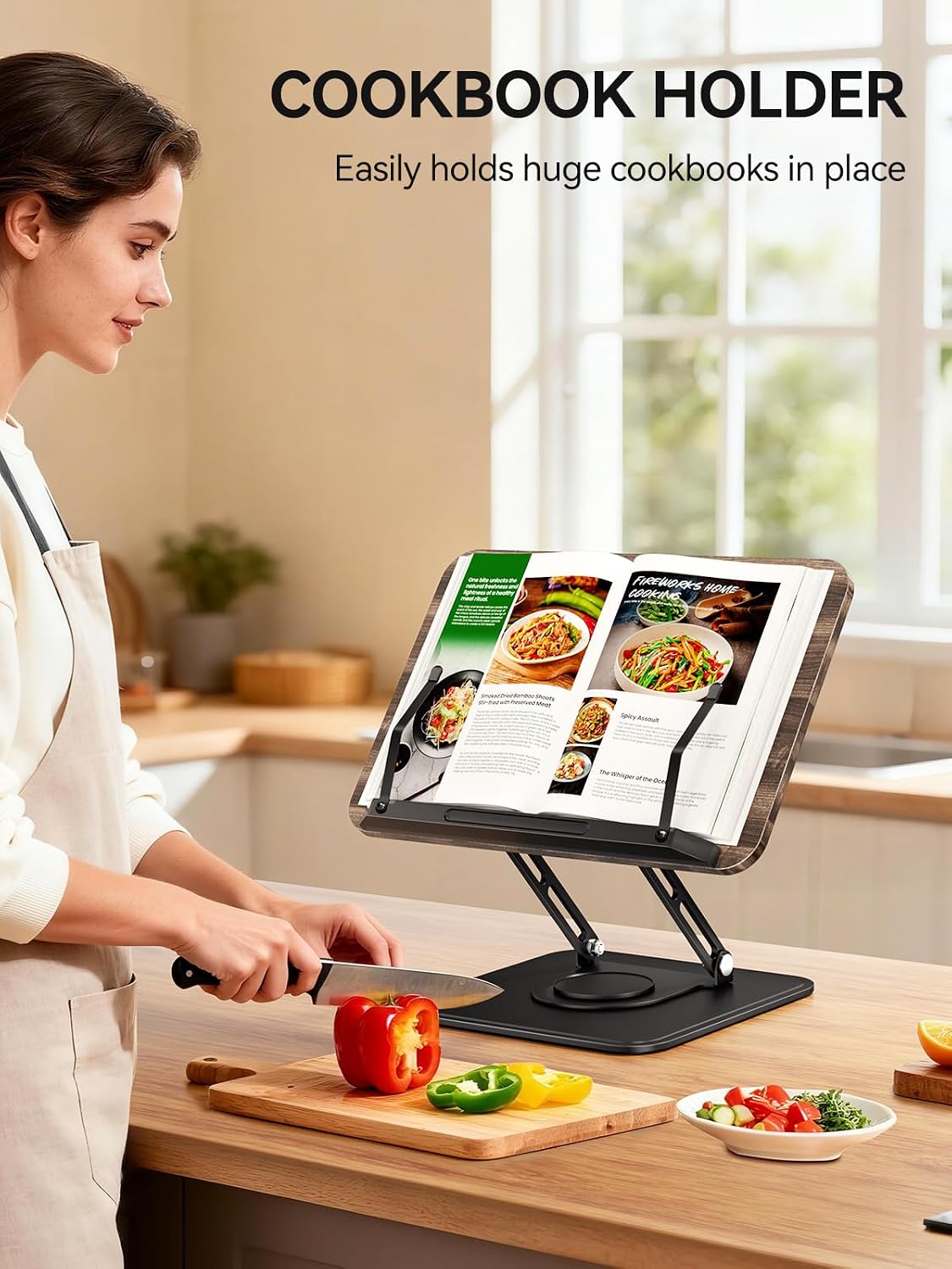 Tounee Book Stand, 360° Rotating Reading Book Holder, Adjustable Cookbook Holder for Reading Hands-Free, Foldable Desktop Recipe Book Stand with Protective Page Clips, Fits All Books - Black