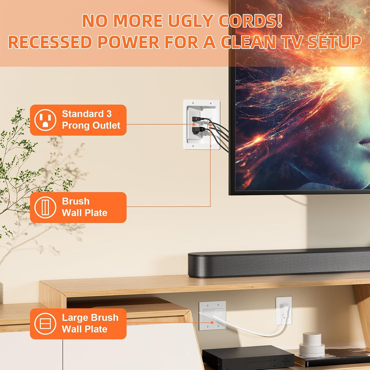 in Wall Cable Concealer Kit with Brush Wall Plate,Recessed Outlet Box,9ft Cor...