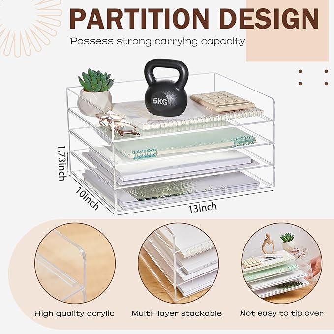 Harloon 4 Tier Acrylic Paper Tray 13 x 10 x 1.7 Inches Stackable Letter Clear - Image 2
