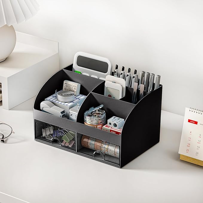 Desk Organizer with 6 Compartments and 2 Drawers, Plastic Makeup Organizer - Image 6