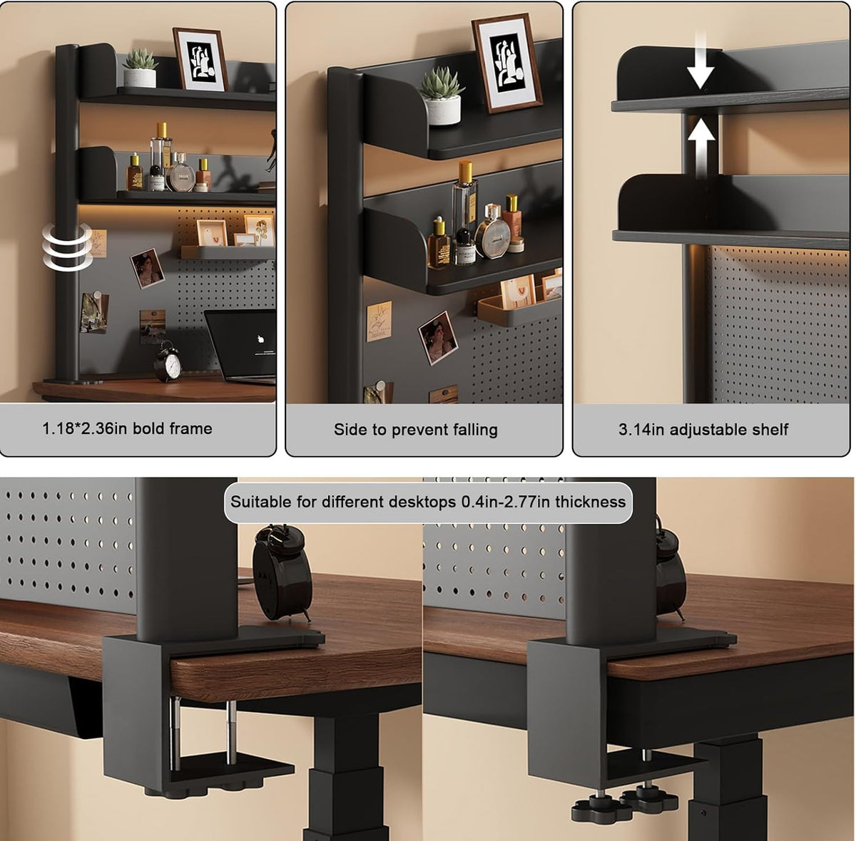 23.6in Clamp on Desk Shelf with Pegboard, Black Desktop Bookshelf Organizer