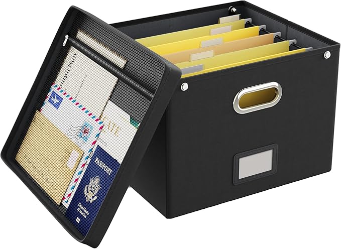 Oterri File Organizer Box with Lid, Large Hanging Filing Box with Mesh Pocket by Oterri