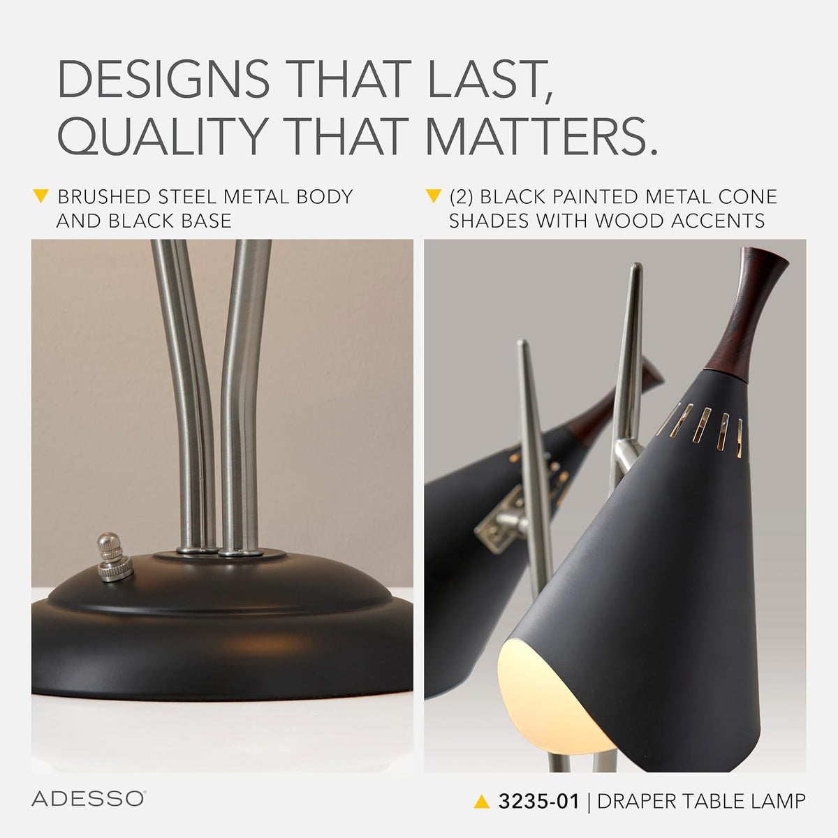 Adesso 2-Light Desk Lamp, Brushed Steel & Black, Adjustable Arms, 22”
