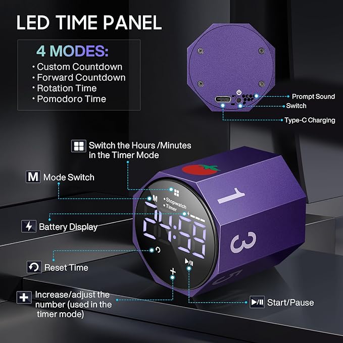 Digital Pomodoro Timer, Frosted Metal Productivity Cube Timer, 1.8 in LED - Image 7