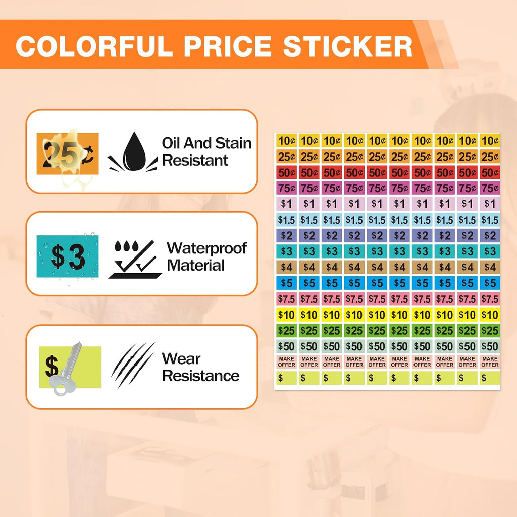 2400Pcs Garage Sale Stickers,1/2"×3/4" Yard Sales Price Stickers, Rectangle Preprinted Price Tag Labels Stickers for Flea Markets, Waterproof Pricing Labels for Retail Use