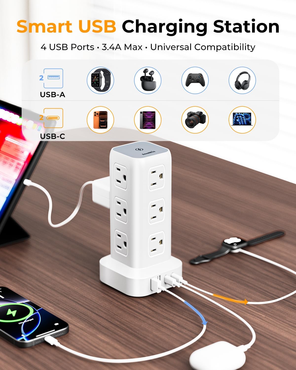 Power Strip with 12 Outlets 4 USB (1 USB C), 6.5Feet Extension Cord with Mult...
