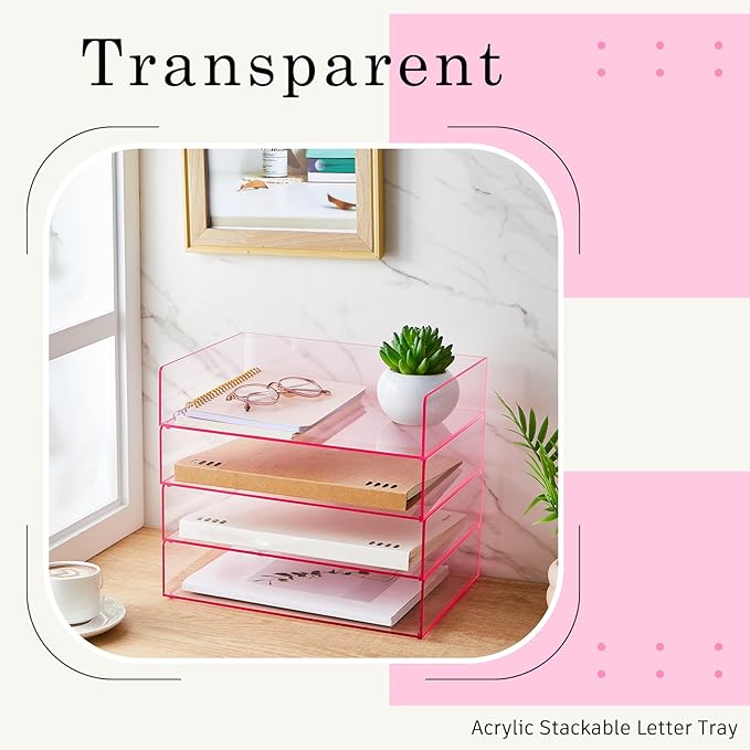 Harloon 4 Tier Acrylic Paper Tray 12.4 x 8.7 x 2.7 Inches Stackable Letter