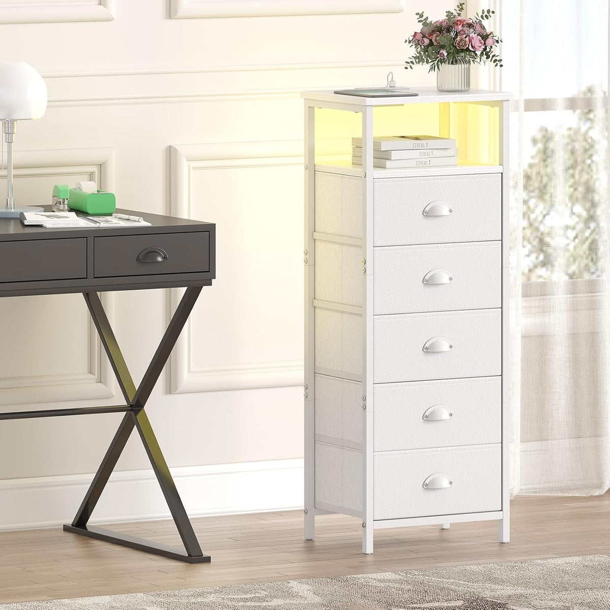 sthmec Nightstand with Charging Station,LED White Nightstands with 5 Fabric D...