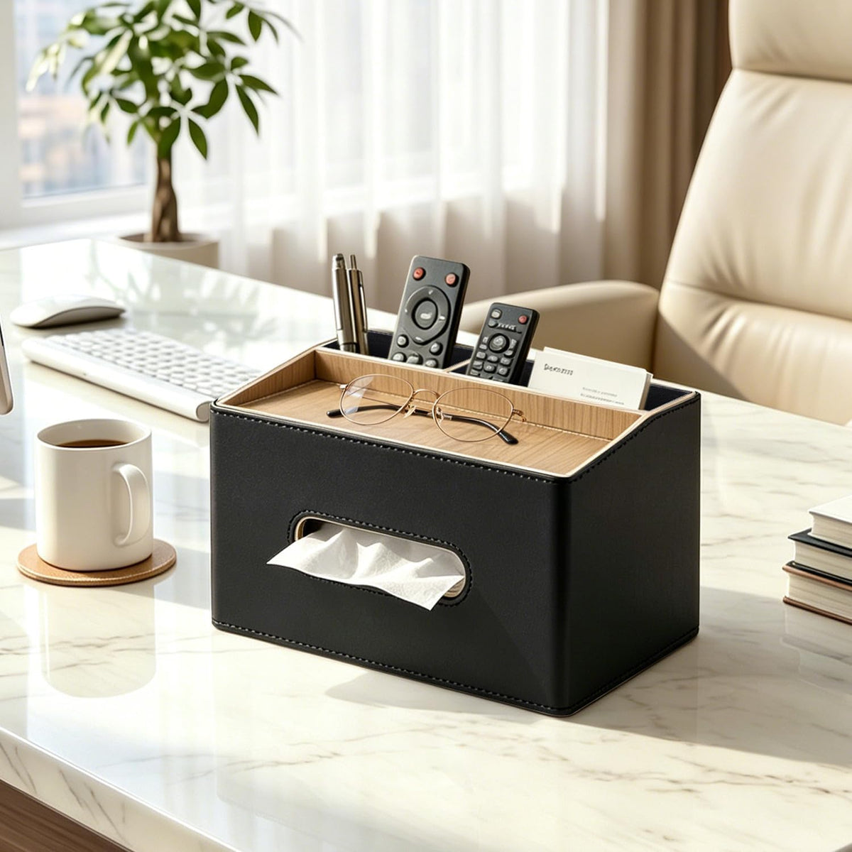 PU Leather Tissue Box Holder Rectangle,Facial Tissue Cover with Tray on Top