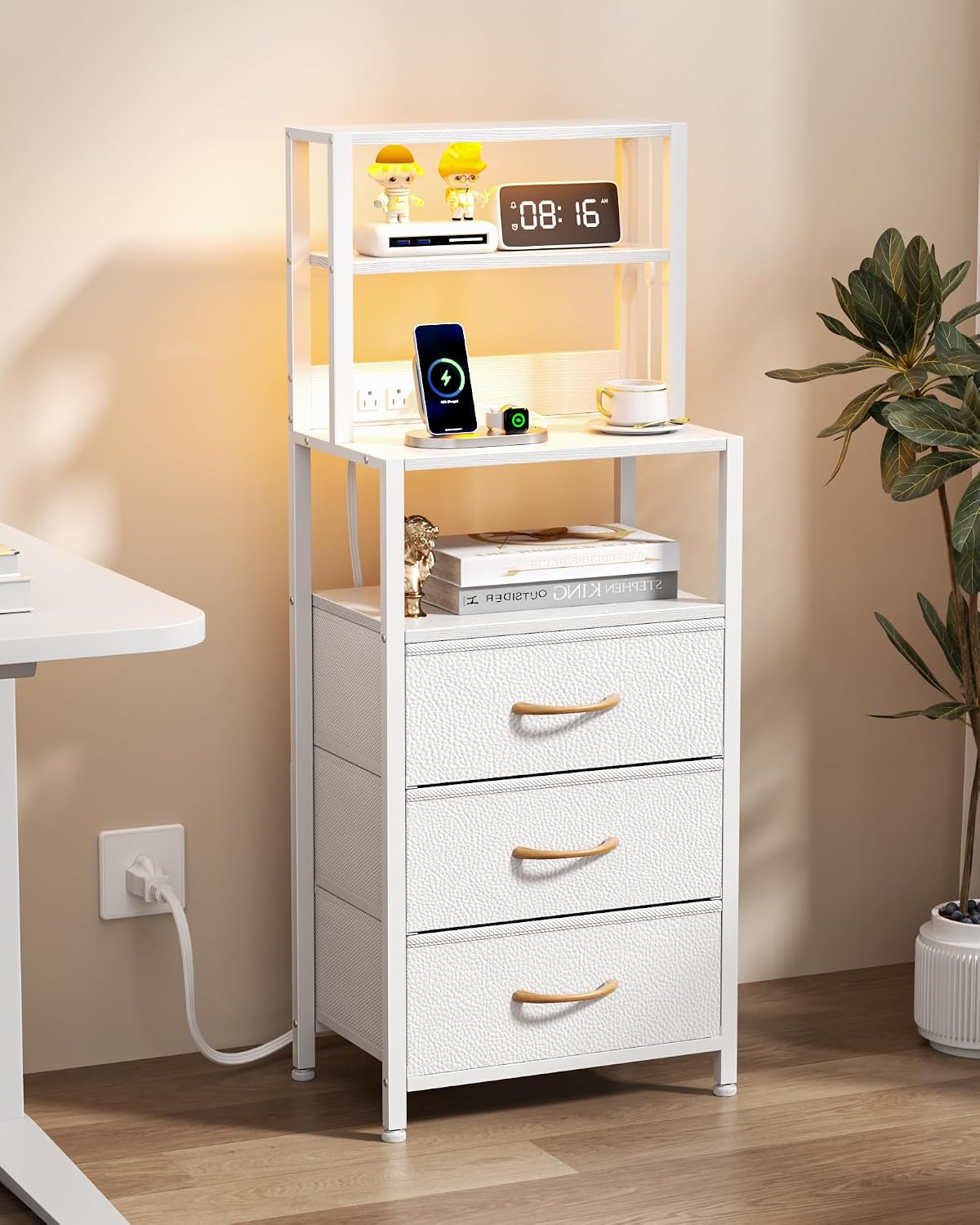 Furnulem Tall Night Stand, White Bedside Nightstand with Charger Station