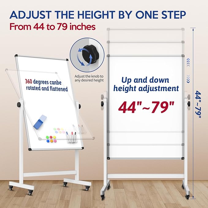 UIFER Rolling Whiteboard, 44 x 26 Double Sided Magnetic Dry Erase Board Height - Image 2