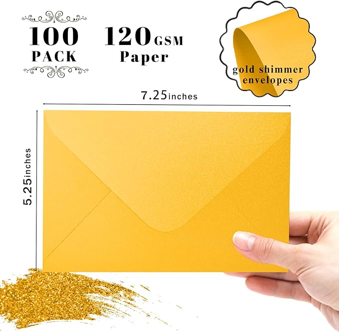 5x7 Gold Envelopes 100 Pack, Goefun A7 Yellow Shiny V Flap Envelopes - Image 2