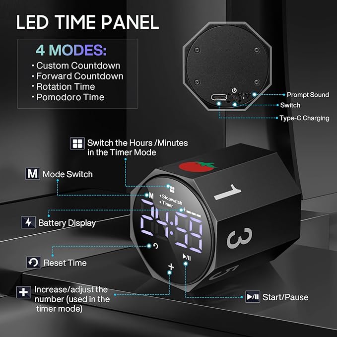 Digital Pomodoro Timer, Frosted Metal Productivity Cube Timer, 1.8 In LED - Image 7