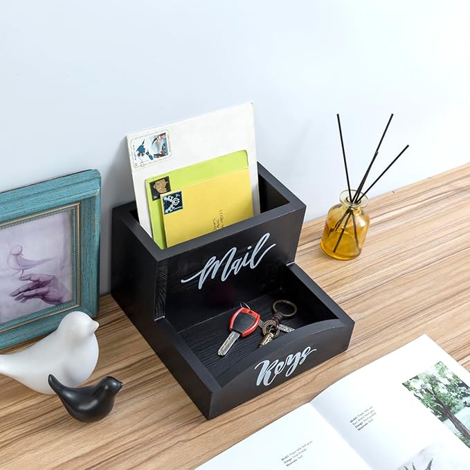 MyGift Urban Modern Mail Holder and Key Organizer Tray in Black Stained Solid - Image 4