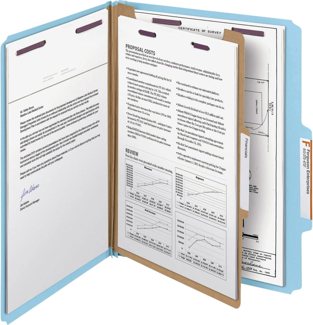 Smead Pressboard Classification File Folder with SafeSHIELD Fasteners, 1 Divider, 2" Expansion, Letter Size, Blue, 10 per Box (13730) (Pack of 1)