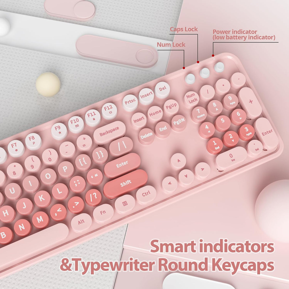 Fogruaden Pink Retro Typewriter Keyboard and Mouse Wireless, 2.4GHz Office Fu...