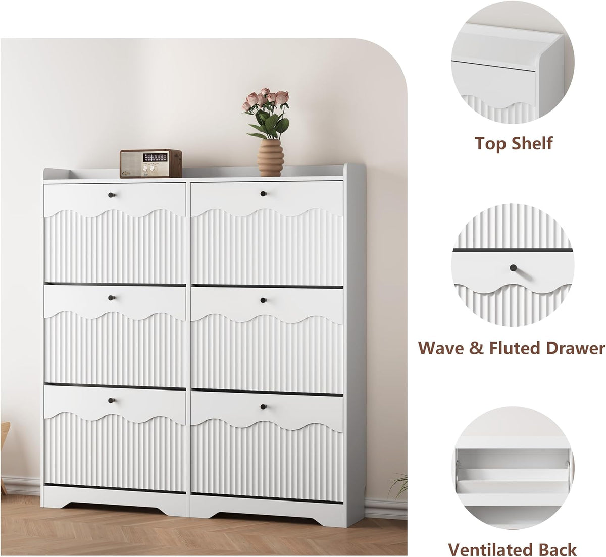 HUANLEGO Shoe Cabinet Storage for Entryway with 6 Flip Drawers, White